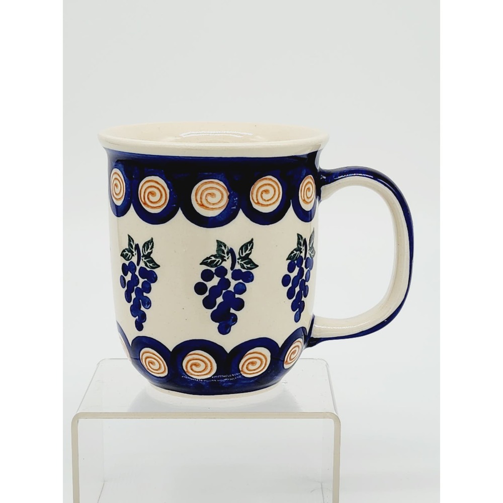 Traditional Polish Pottery Mug w/ Grape Design, Boleslawca Wiza Handmade Poland
